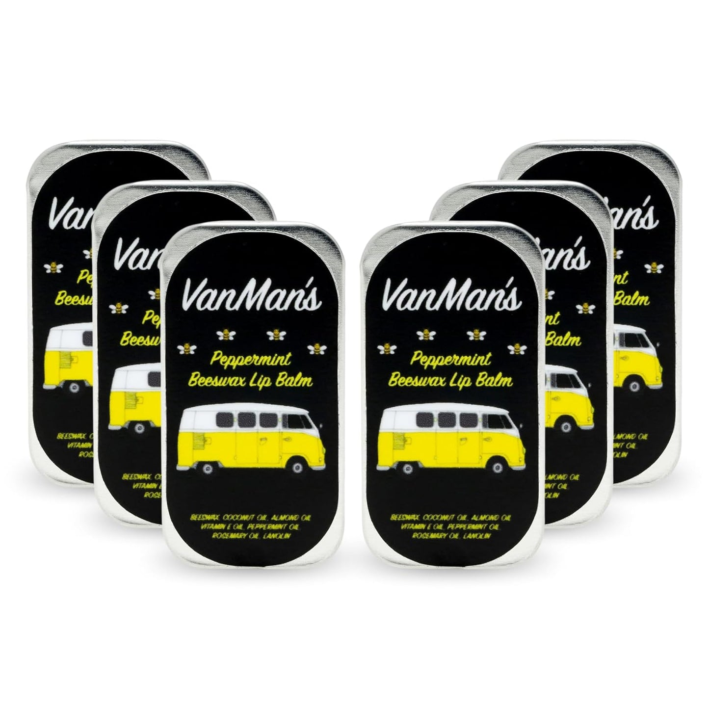 Vanmanâs - Handmade Peppermint Beeswax Lip Balm (6 Pack) - Peppermint Lip Balm with Rosemary, Almond and Coconut Oil - Bee Balm with Vitamin E - Peppermint Balm Ideal for Dry Lips