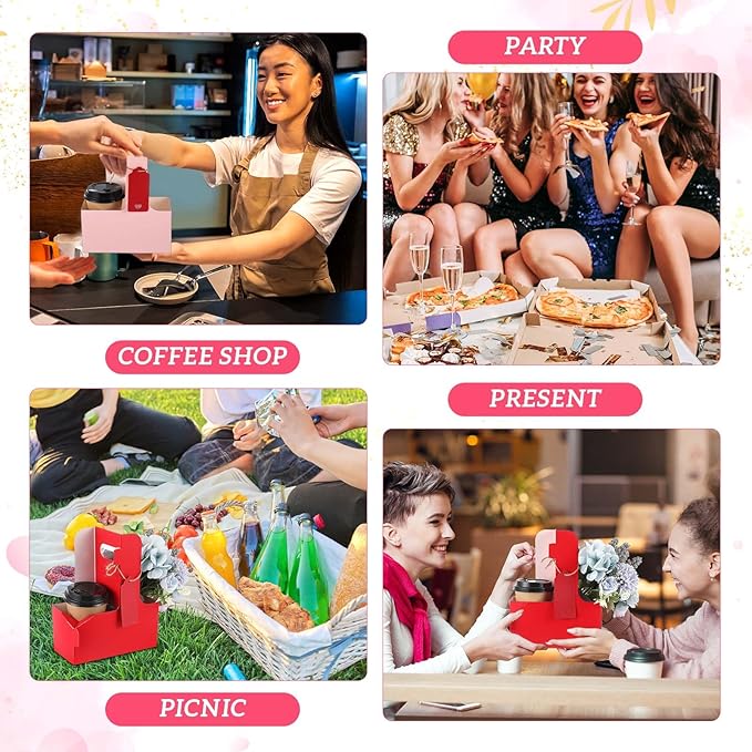 MotiMind 50 Pack Mother's Day 2 Cup Drink Carrier with Handle, Kraft Paperboard Teacher Cup Holder Portable for Hot Cold Drinks, Coffee Carrier Gift with Heart Card Rope (Red,Pink)
