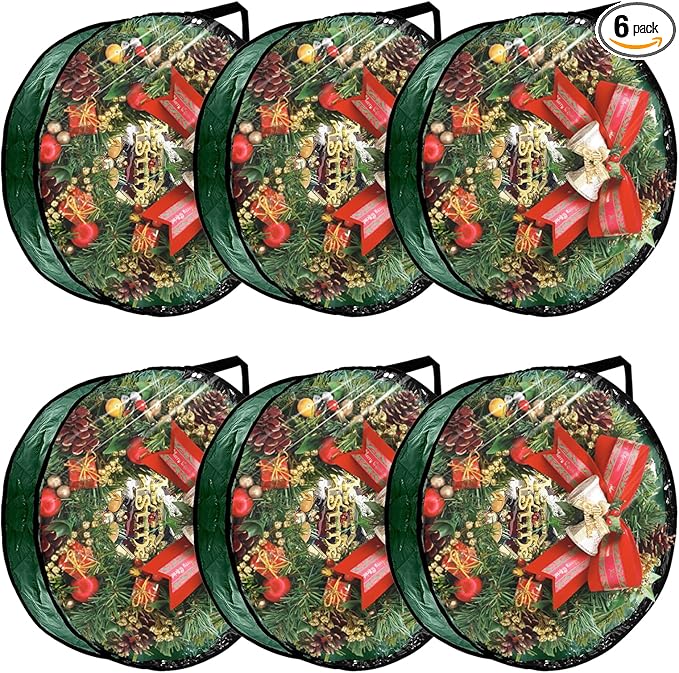 6 Pack Wreath Storage Container 30 Inch Wreath Storage Bag Clear Christmas Wreath Boxes Container with Sturdy Handles for Holiday Seasonal Decoration, Green