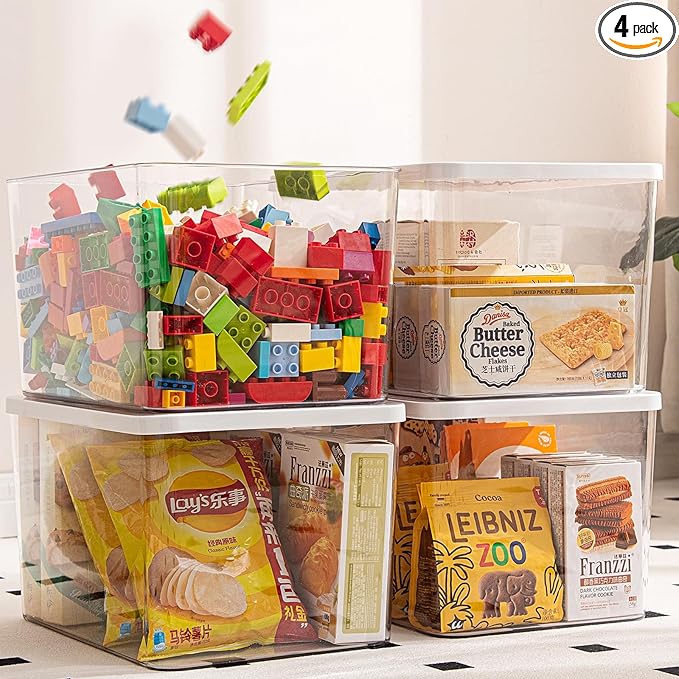 Clear plastic storage bins with LIDS,storage containers for snacks, cosmetics, books, dog food, Storage Organizer for Nurseryï¼Kitchen, Living room,Bedroom, Bathroom, Office (Clear-White Lid, 4XL)