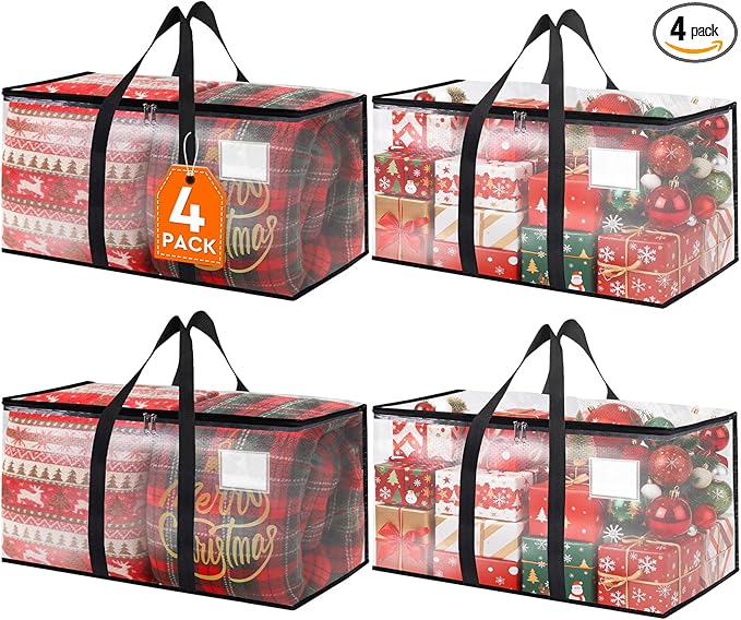 HomeHacks Clear Moving Bags Heavy Duty 4 Pack, Storage Bags with Zipper, Extra Thick Handles & Waterproof Packing Boxes for Moving, Camping, Home Organization 93L/24Gal (28.7"x14.2"x14")