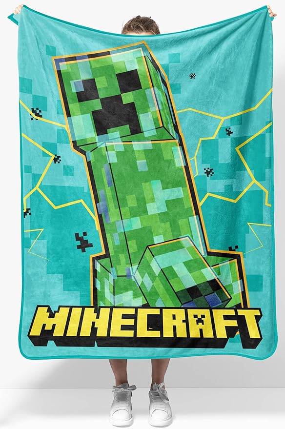 Jay Franco Kids Plush Throw Blanket â Soft & Cozy Fleece Throw for Bedroom & Couch Décor, Official Licensed Product, Teal - Minecraft, 40x50 - Travel Blanket