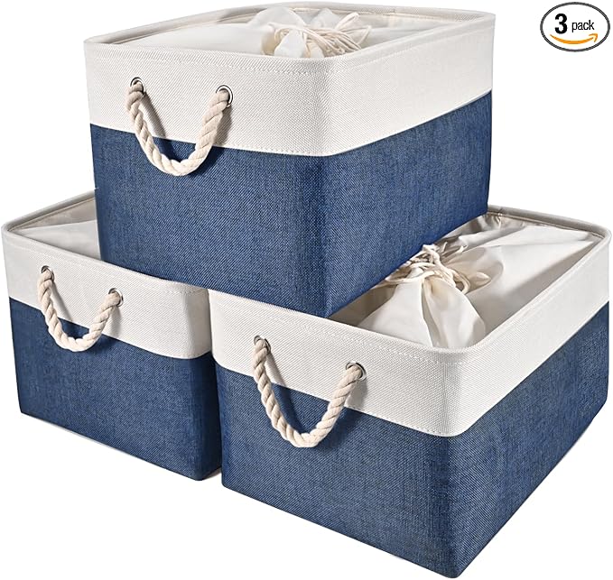 HOdo Home 3PCS Storage Bins, Fabric Bin with Drawstring Closure and 2 Bold Handles, Collapsible Large Canvas Baskets for Organizing Shelf Nursery Home Closet (15.8Ã11.8Ã9.5 In, White and Navy)