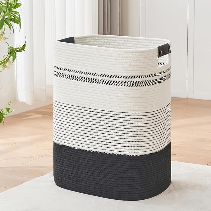 Laundry Basket with Handles - Blanket Basket & Hampers for Bedroom Aesthetic, Laundry Hamper & Blanket Storage for Living Room, Clothes Hamper, Tall, Large 17" x 14" x 22â, Black & White