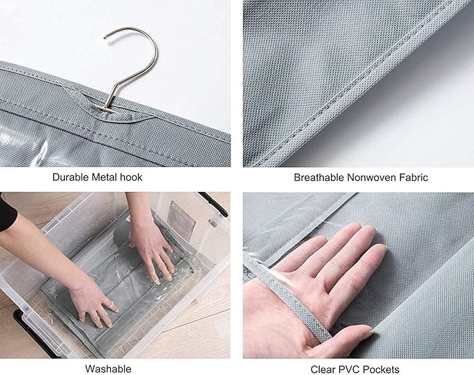 HAN SHENG 10 Pockets Clear Handbag & Purse Organizer Hanging Bag Storage - Space Saving Hanging Shelf for Closet, Wardrobe, Over Door (1 Pack, Grey)