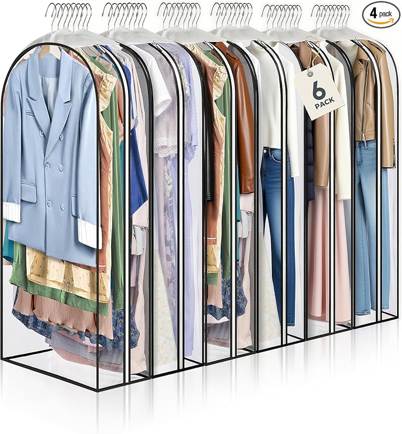 4 pcs 50" Garment Bags for Hanging Clothes, Clear Suit Bags for Closet Storage Clothing Storage, Garment Bags for Travel Covers with 10" Gussets for Coats, Jackets, Shirts and Sweater