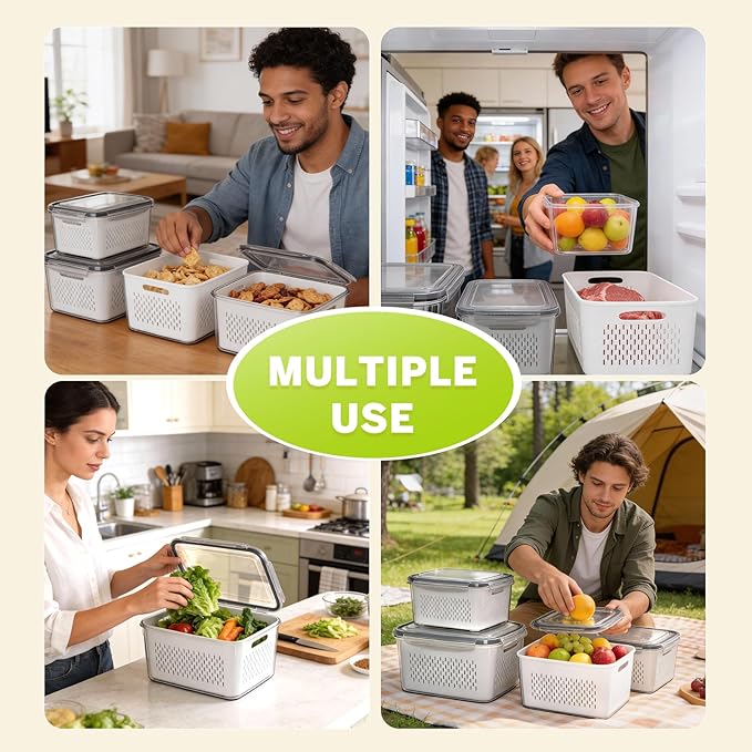 HOMETALL 8 Pack Fruit Storage Containers for Fridge, Fridge Organizers and Storage with Colander, Dishwasher & Microwave Safe Produce Containers Keep Fruits, Vegetables, Berry, Meat Fresh Longer