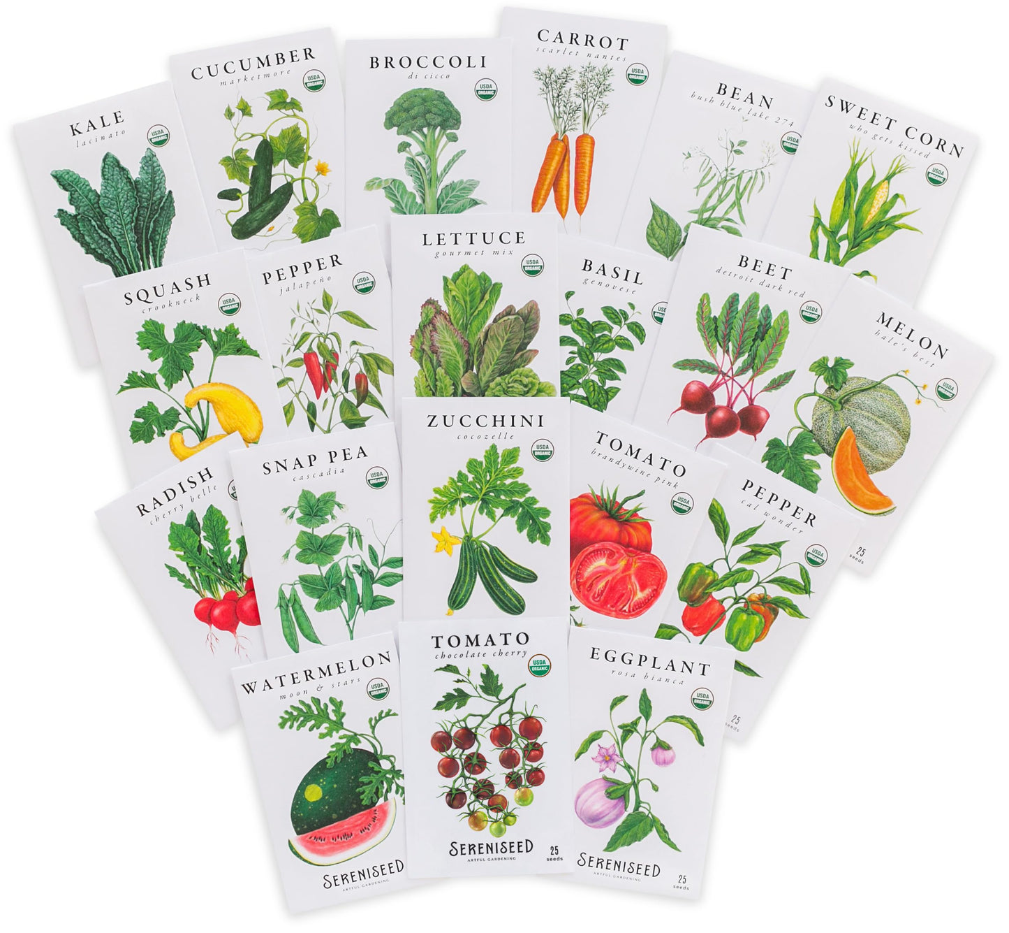 Sereniseed Certified Organic Vegetable Seeds (20-Pack) â Non GMO, Open Pollinated - Basil, Snap Pea, Broccoli, Bean, Jalapeno, Tomato, Lettuce, Cucumber, Carrot, Zucchini Seeds for Planting