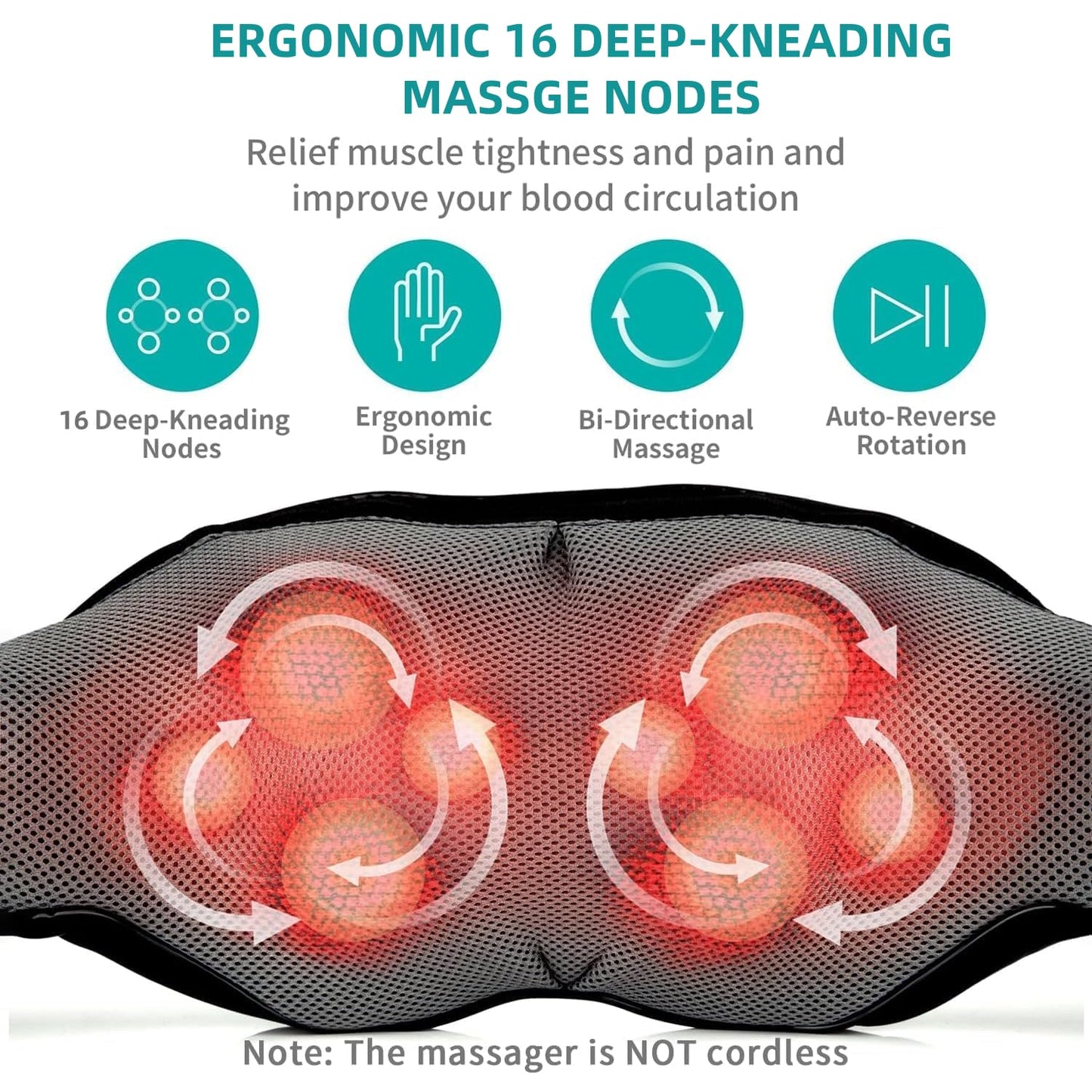 Nekteck Shiatsu Neck Massager for Pain Relief Deep Tissue with Heat, 3D Kneading Massage Pillow Back Shoulder Massagerfor Body Muscle, Plug-in Use for Home Office Car, Gifts for Mom Dad Him Her