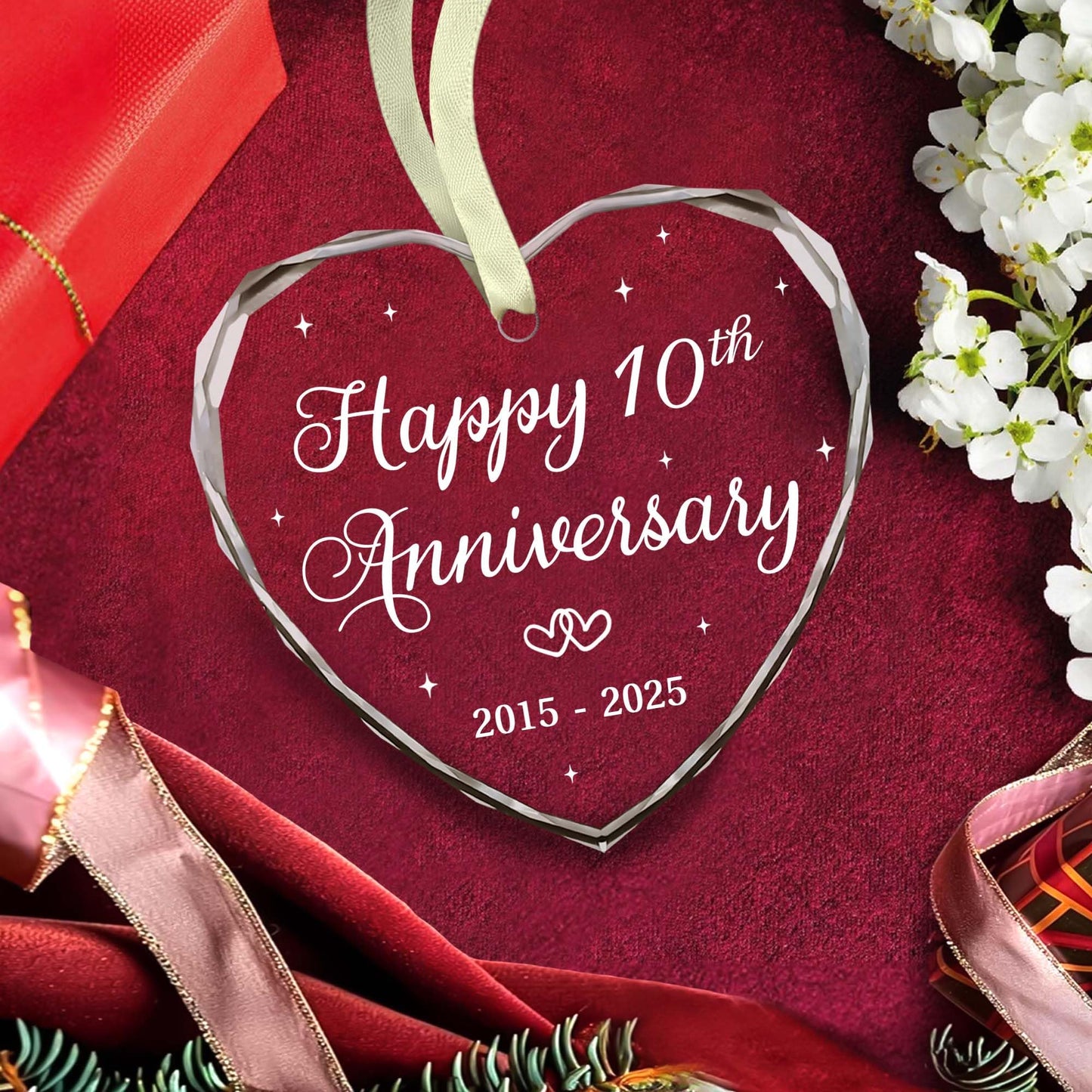 BSQUIELE Happy 10th Anniversary Ornament 2025-10th Wedding - 10th Anniversary Day Gift Idea for Couple - Christmas, Birthday Gift for Husband, Wife - 10 Year of Marriage Glass Ornament