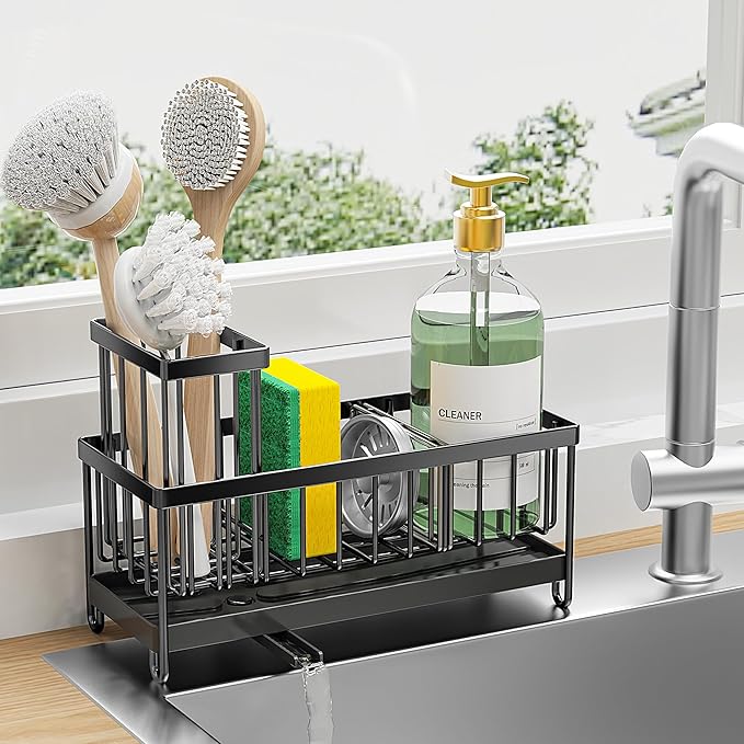 Cisily Sponge Holder for Kitchen Sink, Sink Caddy Organizer with High Brush Holder, Kitchen Countertop Organizers and Storage Essentials, Rustproof 304 Stainless Steel (Black, 9.25â³)
