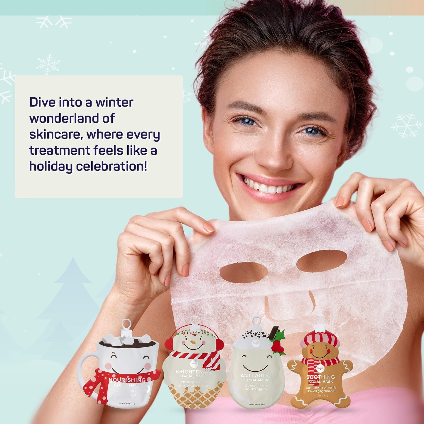 SpaLife Holiday Treats Facial Masks 12-Pack Assorted - Festive Christmas Skincare for Hydration and Refreshment - Gingerbread, Sundae, Cocoa & Eggnog