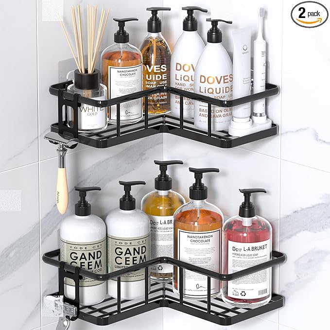 YASONIC Shower Caddy Corner, 2-Pack Adhesive Rustproof Stainless Steel Shower Shelves with Soap Holder, No Drilling Shower Organizer Corner for Dorm, Renters Bathroom Black