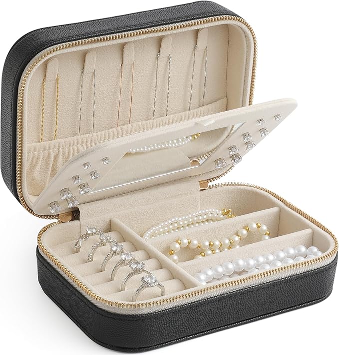 Genuine Leather Travel Jewelry Organizer Case with Mirror for Women, Small Mini Portable Jewelry Box for Ring Earrings Necklace Bracelet Luxury Gift for Womenï¼Blackï¼