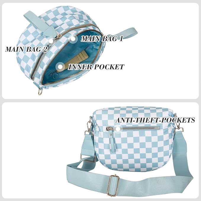 Checkered Crossbody Bag for Women, Spacious Sling & Stylish Bum Bag for Travel, Concerts, Festival, Nylon Fanny Pack Belt Bag (Colour Bum Bag-Ice Blue Checkered)