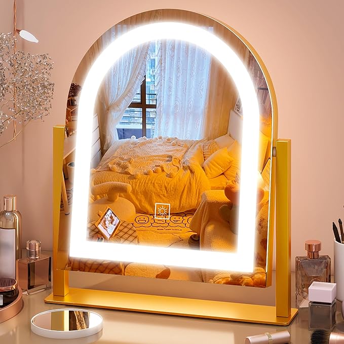 FENNIO Large Vanity Mirror with Lights - 15.5"x13" LED Lighted Makeup Mirror with Lights, 10X Magnification, Touch Screen with 3-Color Lighting, Dimmable, for Vanity Desk Tabletop, Bedroomï¼Goldï¼