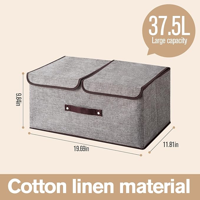 Linen Storage Boxes with Removable Dividers, 2-Pack Large Foldable Organizer Bins, Gray Fabric Containers with Handles for Clothes, Blankets, Underwear Storage (Grey, 2Pack*37.5L)