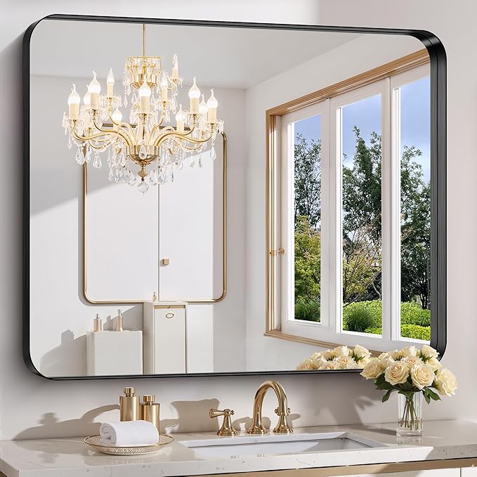 FORBATH 48x40 Inch Bathroom Mirror, Brushed Black Deep Frame Wall Mirror with Rounded Corners, Anti-Rust Tempered Glass for Modern Farmhouse Vanity (Horizontal/Vertical)