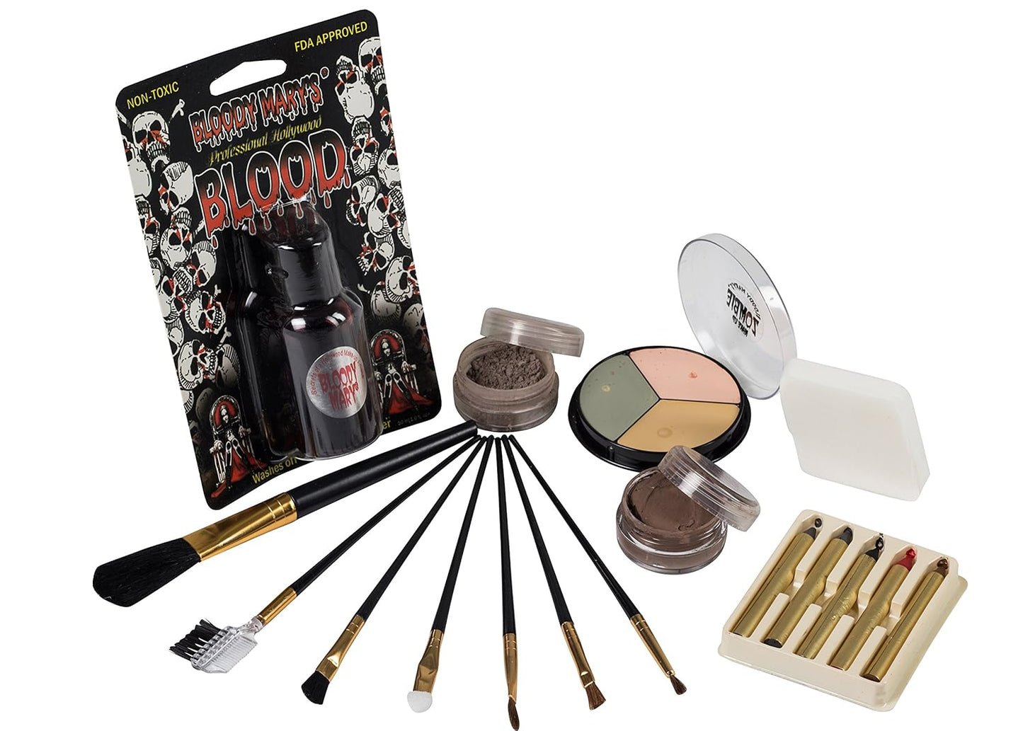 Zombie Makeup Kit By Bloody Mary - Halloween Costume Special Effects Palette - Walking Dead FX Makeup Tools - 5 Crayons, Blood, Setting Powder, 4 Application Brushes, 1 Sponge - Carrying Case Included
