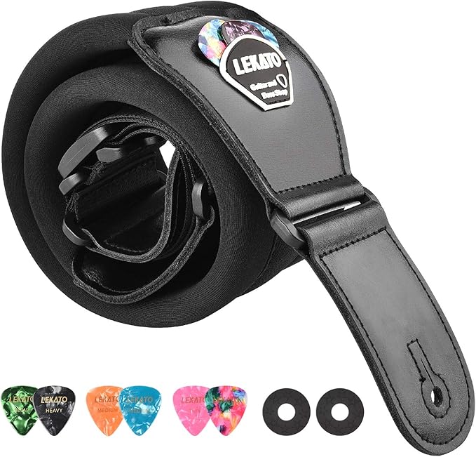 LEKATO Bass Guitar Strap - 3" Wide, Padded, Adjustable 50" to 61", Pick Holder & 2 Safety Strap Locks