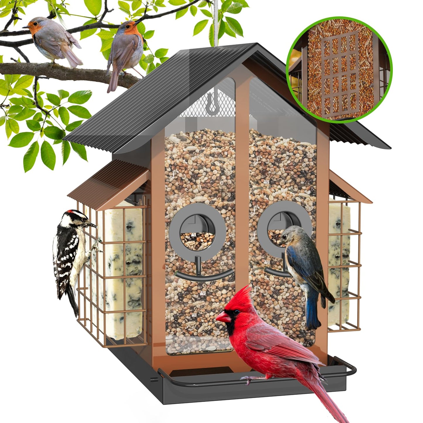 FlowaFoli Bird Feeders for Outdoors, Metal Bird Feeder with Double Suet Cage Weatherproof Metal Roof, 2 in 1 Mixed Seeds Suet Feeder, 4Lbs Large Capacity, Great for FinchãCardinalãChickadeeï¼Brownï¼