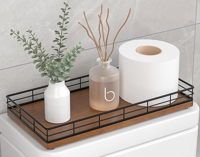 Toilet Paper Basket Organizer â Oak Wood Toilet Tank Tray with Metal Frame, Back of Tank or Top Bathroom Counter Storage â Black & Brown Modern Decor
