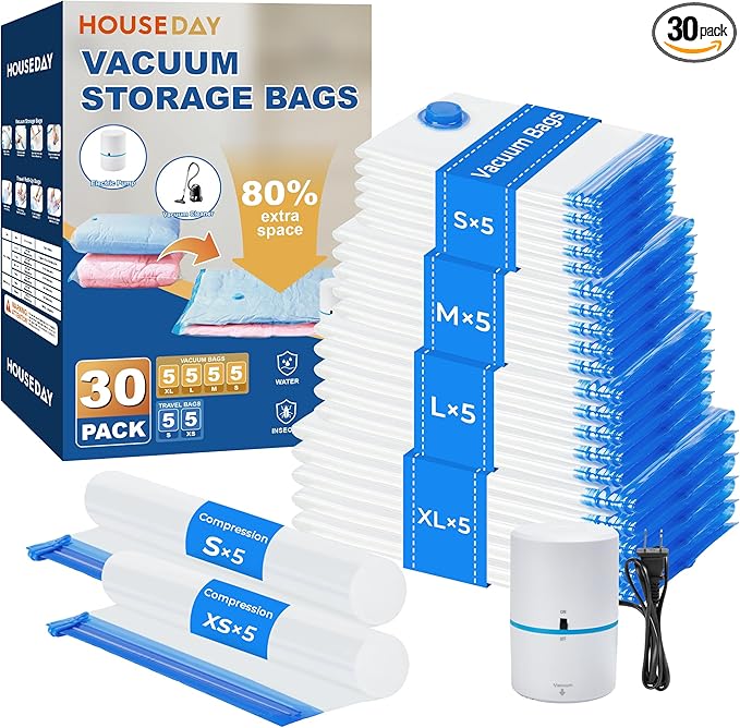 HOUSE DAY 30 Pack Vacuum Storage Bags with Electric Pump, 4 Sizes + 2 Roll-Up (5 Each), Space Saver Vacuum Seal Bags for Clothing, Bedding, Pillows, Travel â Airtight Seal, Reusable & Durable