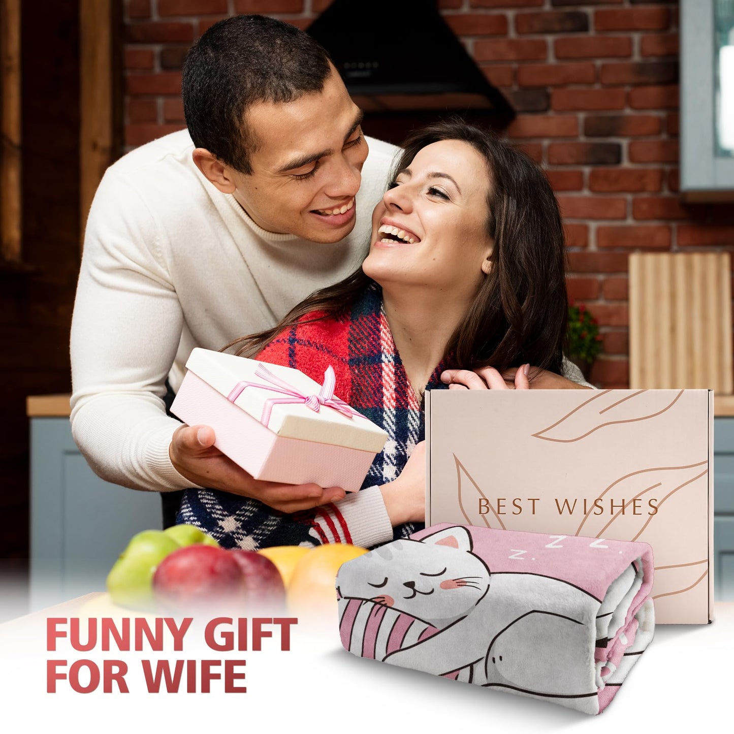 GoMelley Funny Gift for Wife from Husband, Wife Birthday Gift Ideas, Cute Cat Pink Flannel Blanket, Wedding Anniversary Romantic Gifts for Women, Christmas Valentines Day Gifts for Her, 60”× 50”(Pink)