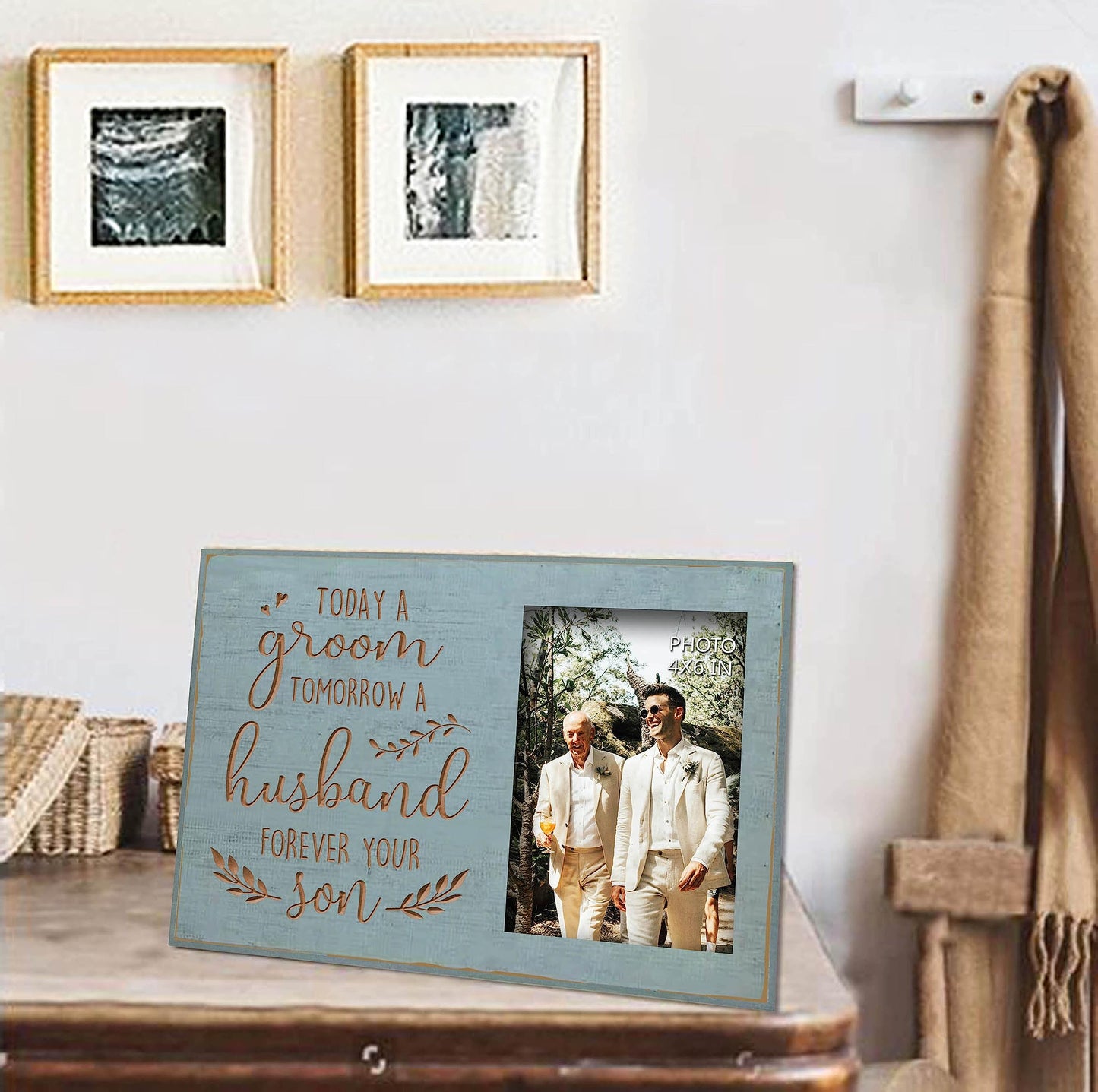 Yudarte Today A Groom,Tomorrow A Husband,Forever Your Son Carved Picture Frames - Engraved Teal Wood Photo Frame 4x6 Inches - Father Mother Parents of the Groom Wedding Gift