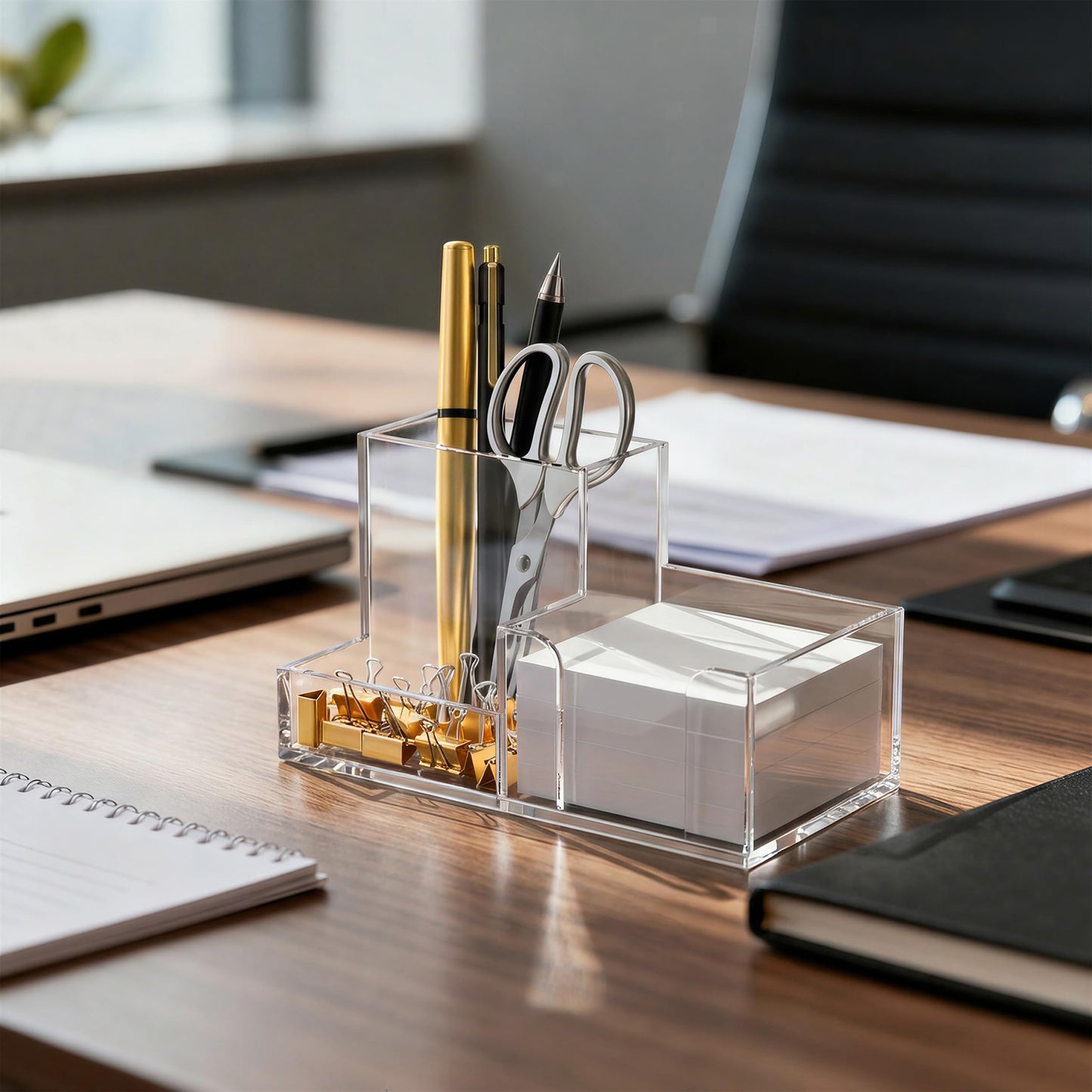 HBlife Acrylic Pen Holder for Desk, 3-Compartment Small Desk Organizer, Clear Office Supplies Desk Accessories with Sticky Notes Holder Stores Post It Notes 3X3 for Office, Home and School