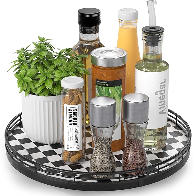 Black and White Kitchen Lazy Susan Turntable â Round Checkered Decorative Tray, 12â Table Top Oak Wood Lazy Susan for Cookies, Dining Table Organizer, Small Kitchen Table Centerpiece
