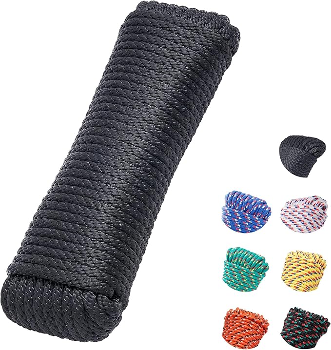 3/8 Inch 50ft Braided Polypropylene Rope, Extra Strength, Weather Resistant Indoor Outdoor Cord for Gardening, DIY Projects, Knot Tying, 1300lbs, Black