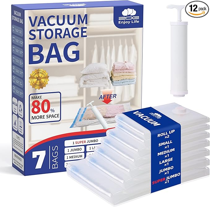 Vacuum Storage Bags for Clothing Travel,7 Pack Vacuum Bags with Pump,Space Saver Bags for Clothes Travel & Home (2 Roll-Up Bags,1 Small,1 Medium,1 Large,1 Jumbo,1 Super Jumbo)
