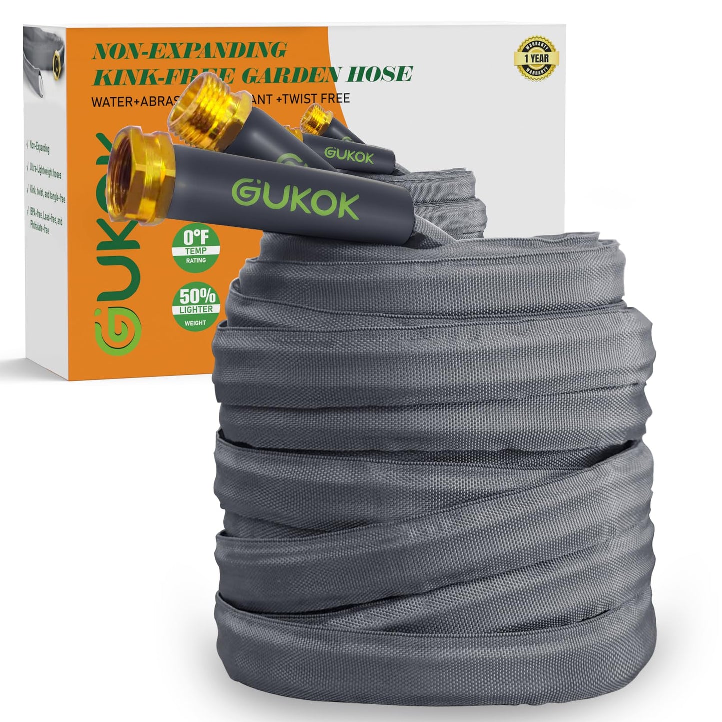 GUKOK 2025 Upgraded 50FT Non-Expanding Garden Hose, Ultra-Light & Flexible Water Hose - Burst-Resistant, Kink-Free, High-Pressure, All-Weather Use for Lawns, Gardens, and Outdoor Cleaning