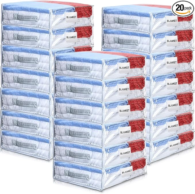 Kenning Set of 20 Clear Zippered Storage Bags for Sheet Organizer Plastic Sweater Bags with Handle Pocket Vinyl Bag for Bed Blanket Throw Pillow Toys(White,18 x 15 x 4 Inch)
