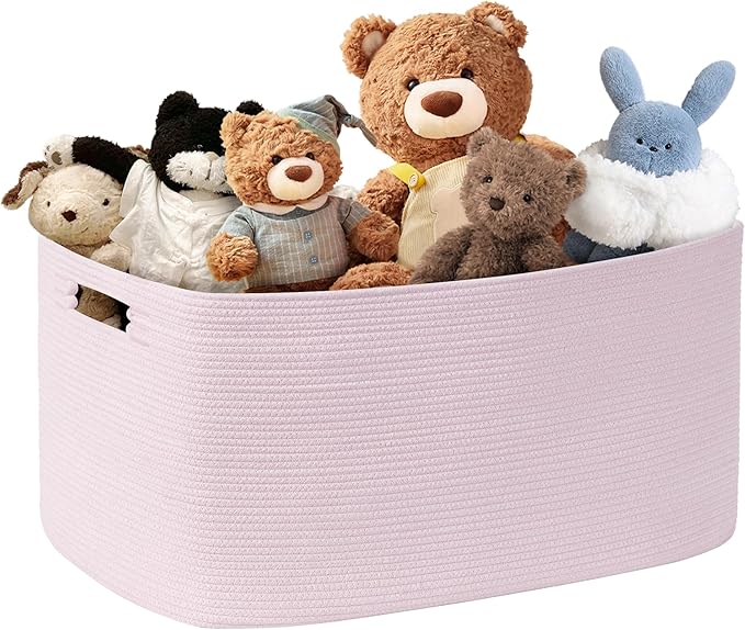 60L Small Baby Girls Laundry Basket for Nursery Storage,Cute Woven cotton Rope Baskets for Kids Toyï¼Gifts, Boho Square Wicker Blanket hamper for Living Room,Bedroom Dirty Clothes,Pink