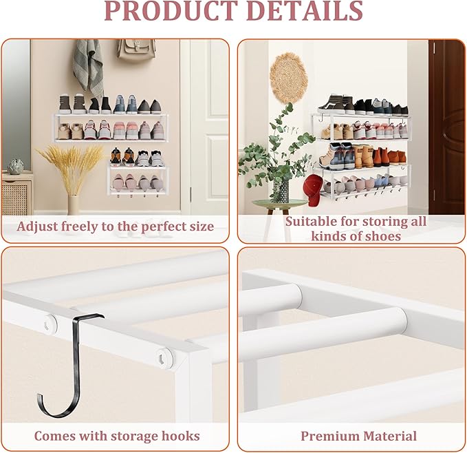 Expandable Wall Mounted Shoe Rack, 17"-31" Adjustable Hanging Shoe Rack Holds 8 Pairs, Heavy Duty Metal Shoe Holder with 2 Storage Hooks, Space Saving for Entryway Closet Doorway(White)