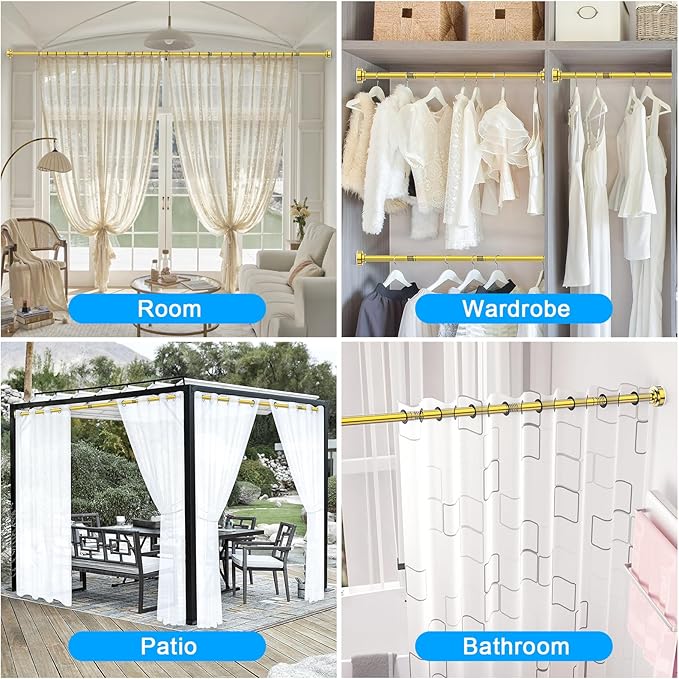 TEECK Shower Curtain Rod, 32-68 inch Adjustable Spring Tension Curtain Rod, Never Rust Anti-Slip Shower Curtain Rod for Bathroom, No Drilling, Never Collapse, Easy to Use, Gold