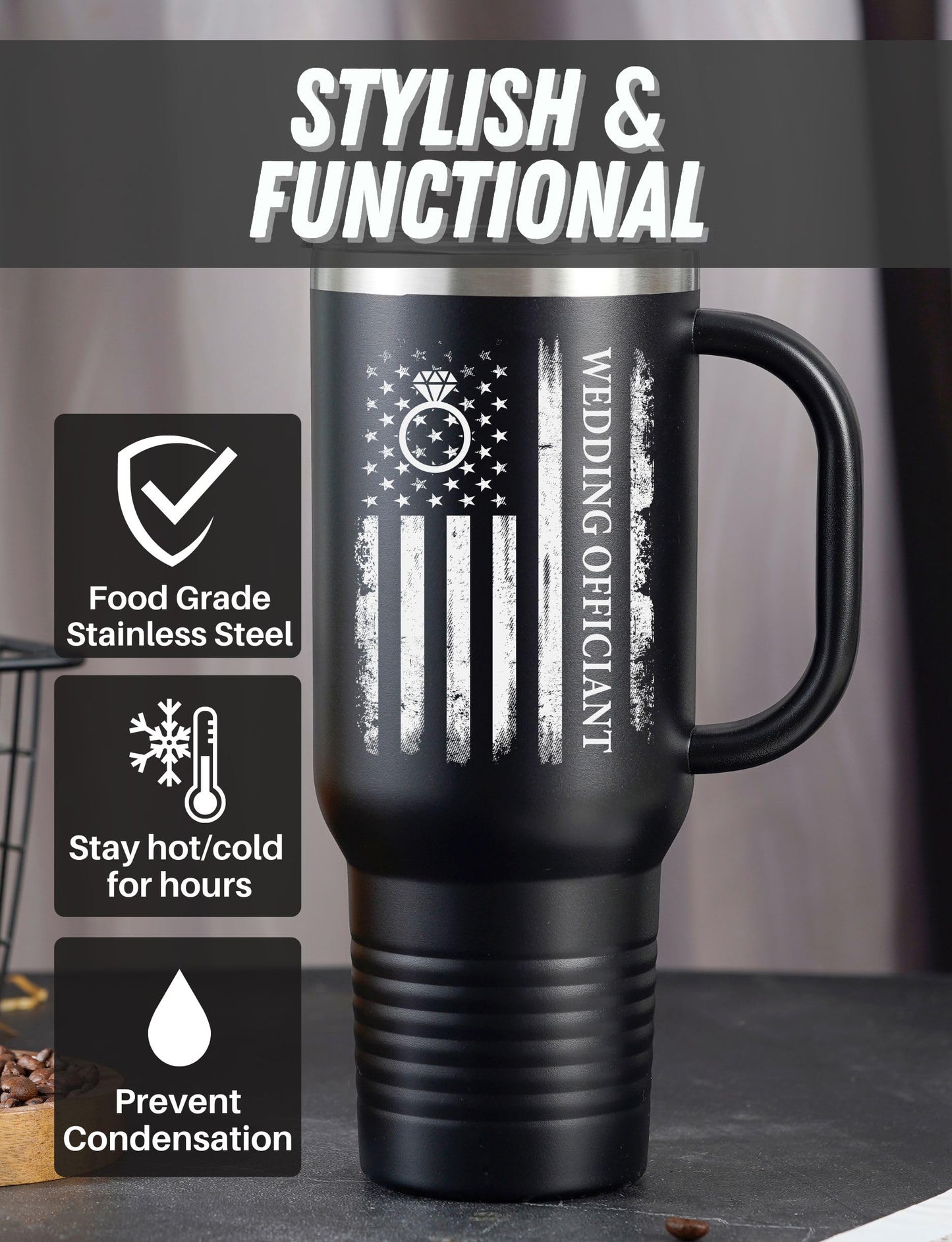 Onebttl Wedding Officiant Gifts 40oz Tumbler with Handle, Officiant Gift from Bride and Groom, Stainless Steel Insulated Tumbler with Lid Straw, OFFI-40MUG-01-FLAG
