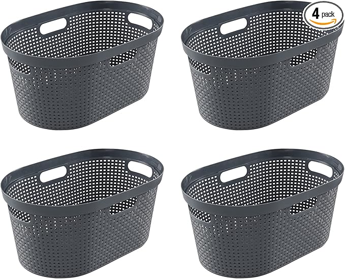 Vababa 4 Pack 40 Liter Plastic Laundry Basket with Cut-Out Handles, Gray