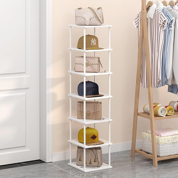Bamboo Free Standing Shoe Rack Shelf Multi Tier Tall Wooden Stackable Shoes Rack Organizer for Closet Front Door Entrance Narrow Vertical Shoe Storage (White, 7 Tiers)