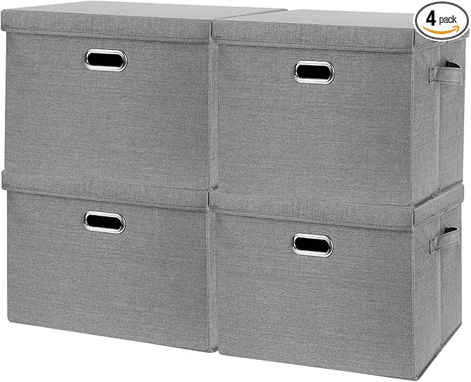 SNWDN 4 Pack Collapsible Fabric Storage Bins with Lids Fabric storage box with lids for closet organizers and storage (grey 14.6x10.6x10.2 inches)