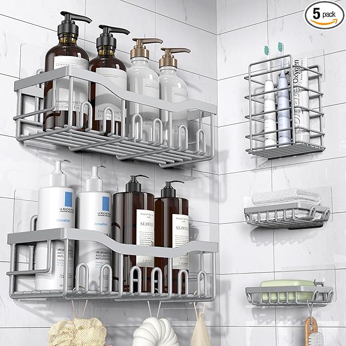 EUDELE 5-Pack Rustproof Stainless Steel Shower Caddy Setâ No Drill Adhesive Bathroom Organizer, Space-Saving Shower Shelves for Apartment Essentials, Bathroom/Kitchen Storage Home Decor-L Size