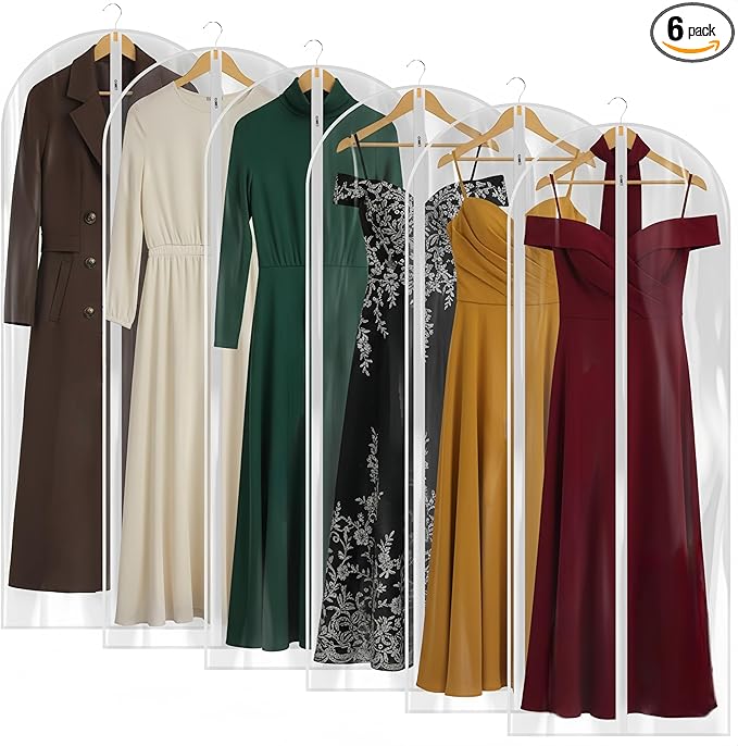 60â All Clear Garment Bags for Travel - PEVA Waterproof Suit Cover with Zipper for Hanging Clothes, long Gowns - Durable Dresser for Closet Storage, Dustproof & Moisture Resistant - 60â/6 Pack