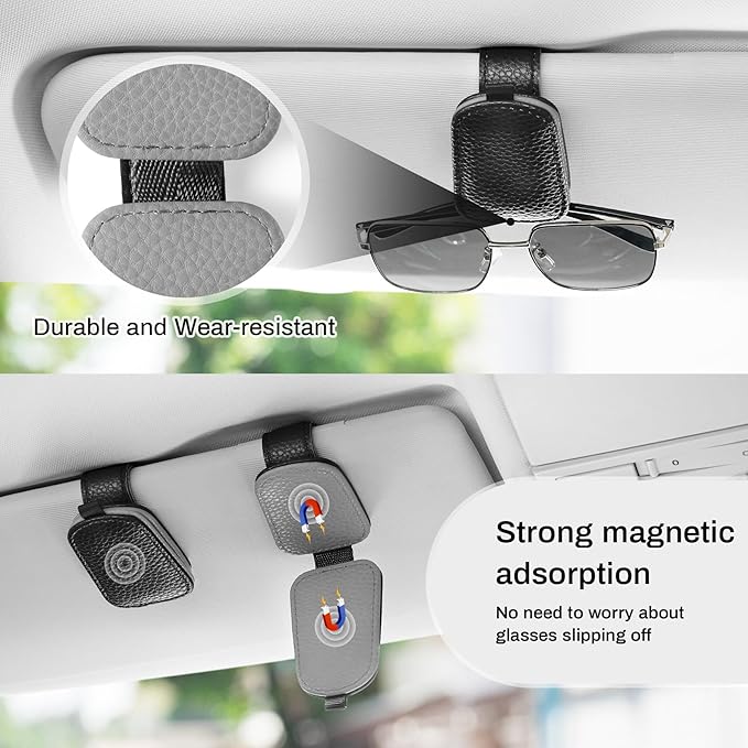 SINGARO Sunglasses Holder for Car, Leather Magnetic Buckle Sun Visor Sunglass Clip, Ticket Card Storage Glasses Clip, Car Interior Accessories for Men and Women(Black-Gray)