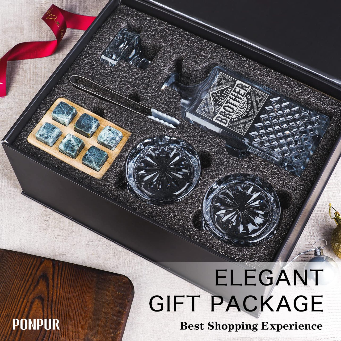 PONPUR Gifts for Brother, Whiskey Decanter Set with 2 Whisky Glasses, Unique Cool Stocking Stuffers Birthday Gift for Brothers from Sister, Best Christmas Presents for Men