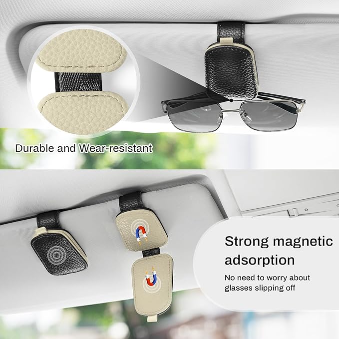 SINGARO Sunglasses Holder for Car, Leather Magnetic Buckle Sun Visor Sunglass Clip, Ticket Card Storage Glasses Clip, Car Interior Accessories for Men and Women(2PCS Black-Beige)