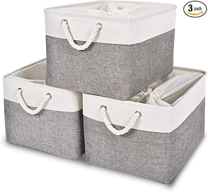 HOdo Home 15.8Ã11.8Ã9.5 In/3PCS Storage Bins, Fabric Bin with Drawstring Closure and 2 Bold Handles, Collapsible Large Canvas Baskets for Organizing Shelf Nursery Home Closet (White and Grey)