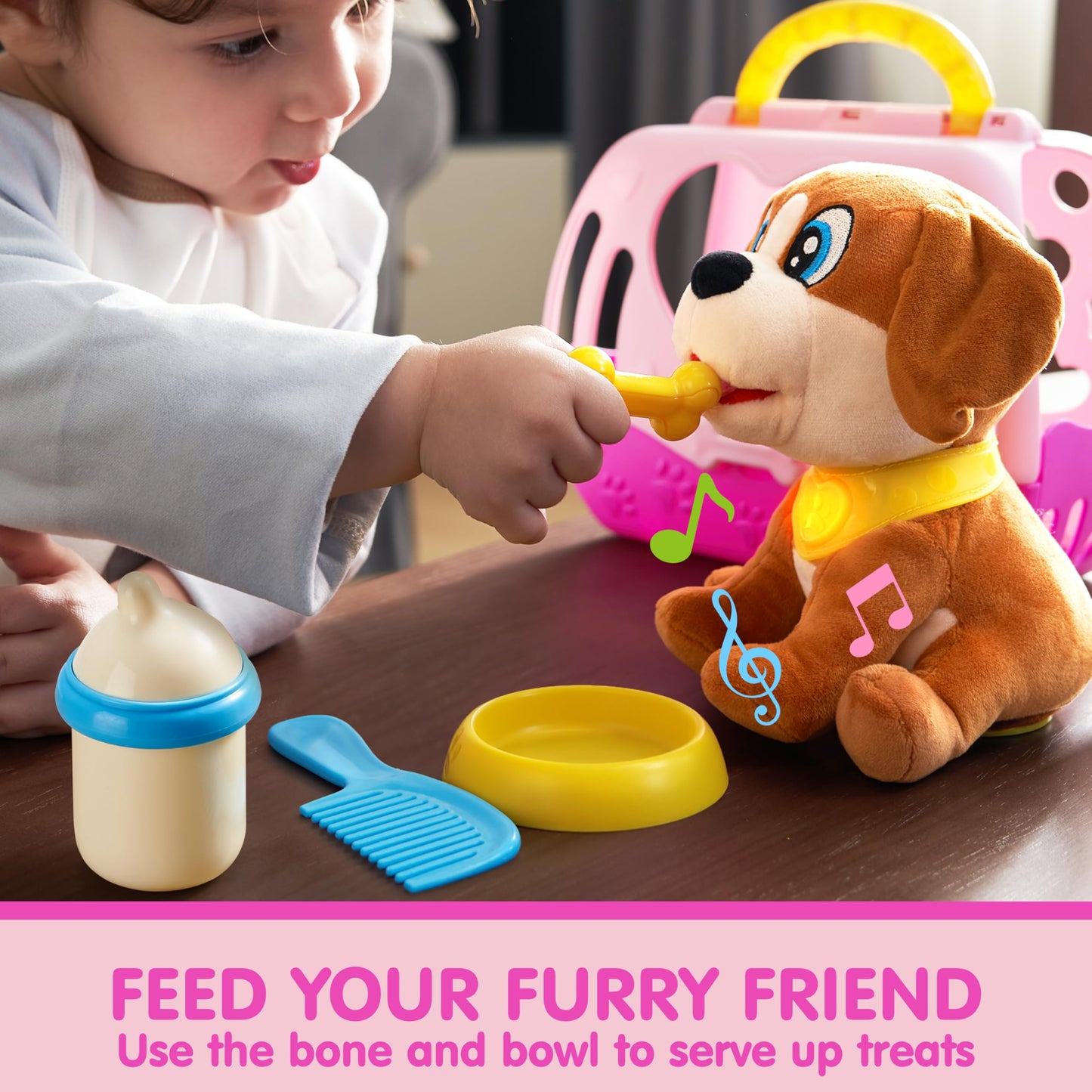 JOYIN Toy Dog for Toddlers, Play Puppy Toy with Carrier & Accessories, Plush Dog with Interactive Button, Lights & Sounds, Pet Care Set for Kids 1 2 3 4 Years Old, Birthday Gifts for Girls