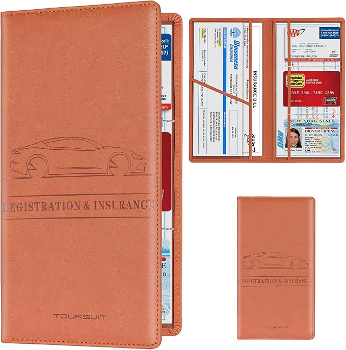 TOURSUIT Car Registration and Insurance Card Holder, Vehicle License Document Glove Box Compartment Organizer, Interior Car Accessories for Women Men Teens (Brown)